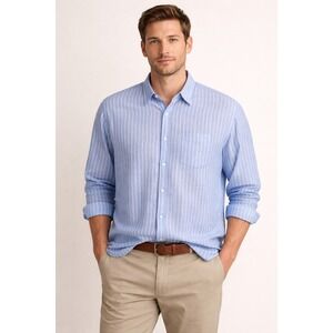 ISLAND COMPANY Blue White Striped 100% Linen 2XL Long Sleeve Shirt -2495